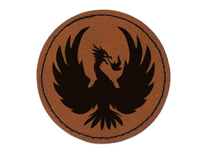 Fire Phoenix Bird Rising Round Iron-On Engraved Faux Leather Patch Applique - 2.5"