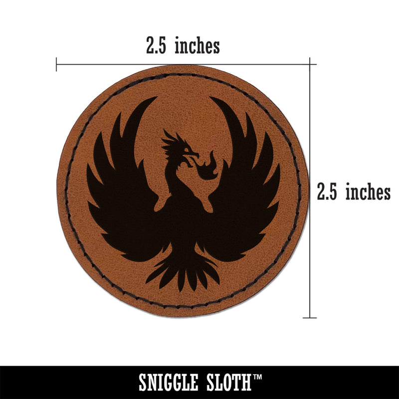 Fire Phoenix Bird Rising Round Iron-On Engraved Faux Leather Patch Applique - 2.5"