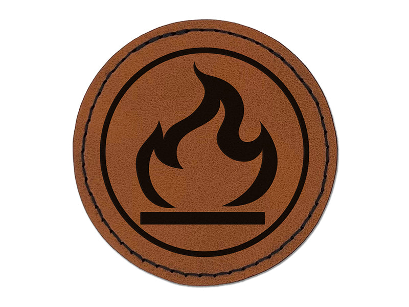 Flammable Fire Icon Round Iron-On Engraved Faux Leather Patch Applique - 2.5"