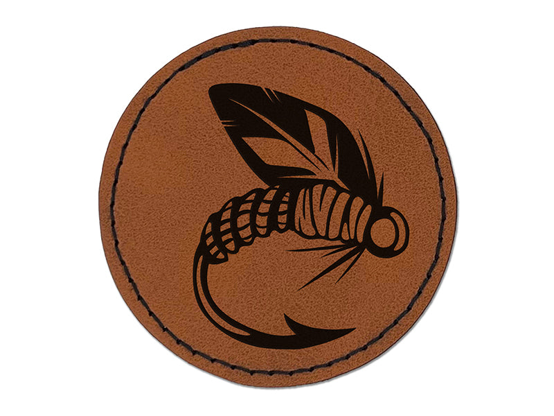 Fly Fishing Hook Lure Round Iron-On Engraved Faux Leather Patch Applique - 2.5"