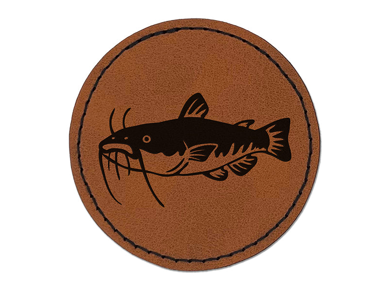 Freshwater Catfish Fish Fishing Round Iron-On Engraved Faux Leather Patch Applique - 2.5"