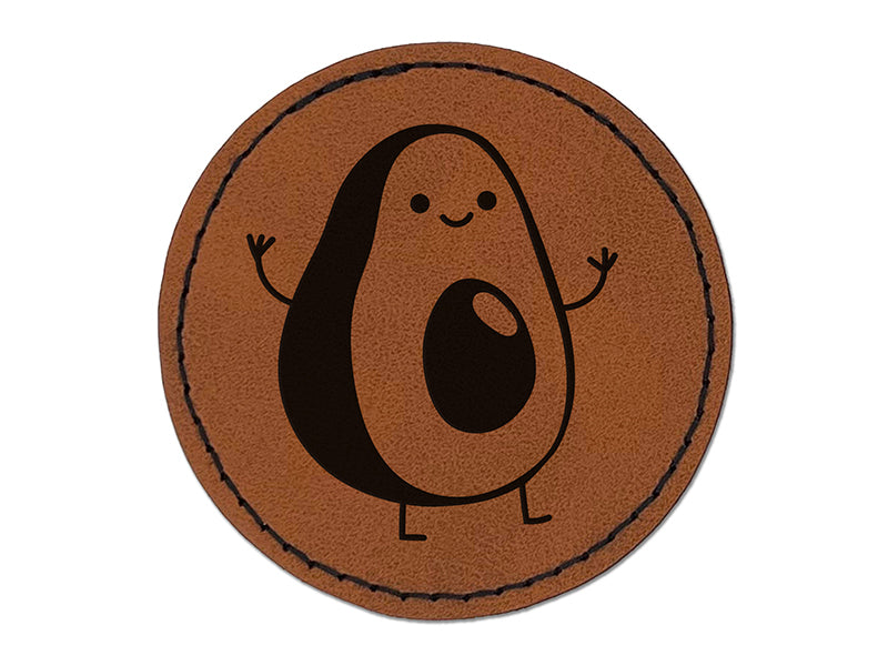 Friendly Avocado Buddy Round Iron-On Engraved Faux Leather Patch Applique - 2.5"