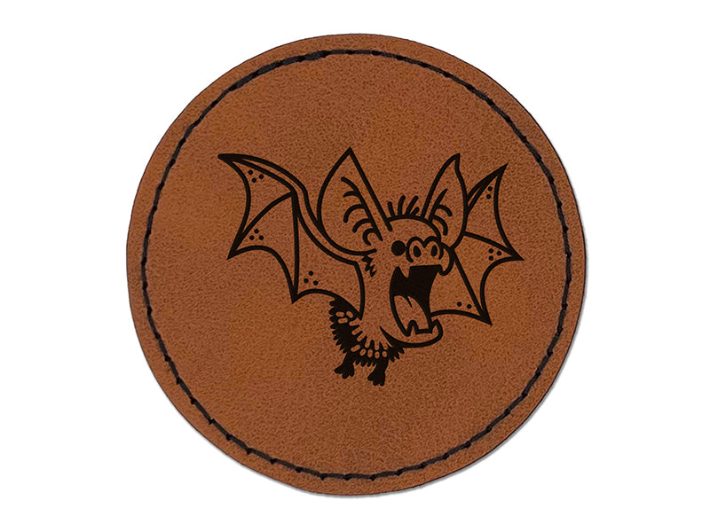 Fuzzy Little Cartoon Bat Halloween Round Iron-On Engraved Faux Leather Patch Applique - 2.5"