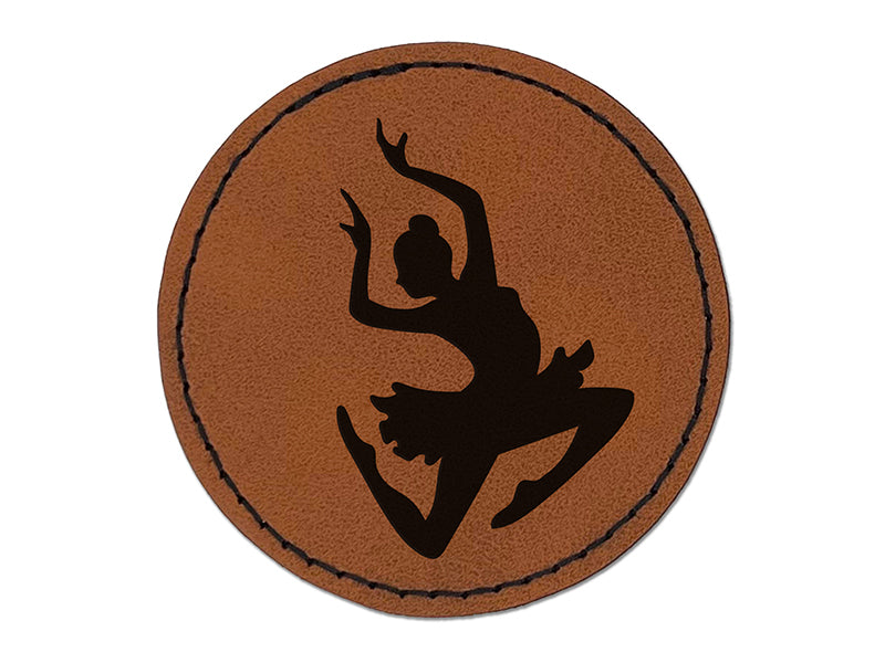 Graceful Ballerina Leaping Round Iron-On Engraved Faux Leather Patch Applique - 2.5"