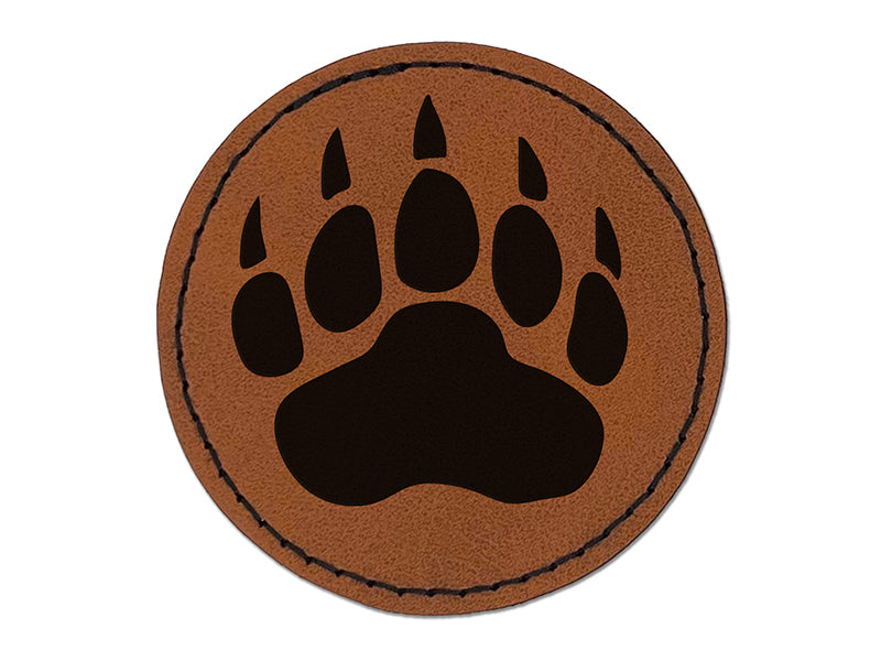 Grizzly Bear Claw Paw Round Iron-On Engraved Faux Leather Patch Applique - 2.5"