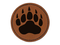 Grizzly Bear Claw Paw Round Iron-On Engraved Faux Leather Patch Applique - 2.5"