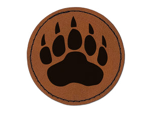 Grizzly Bear Claw Paw Round Iron-On Engraved Faux Leather Patch Applique - 2.5"