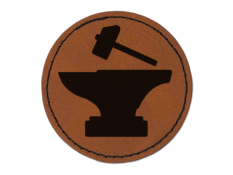 Hammer and Anvil Blacksmith Icon Round Iron-On Engraved Faux Leather Patch Applique - 2.5"