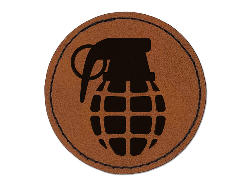 Cartoon Hand Grenade Round Iron-On Engraved Faux Leather Patch Applique - 2.5"