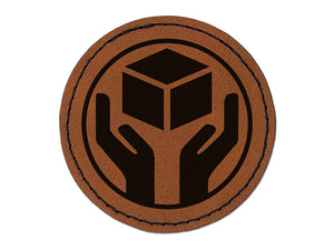 Handle with Care Box Symbol Icon Round Iron-On Engraved Faux Leather Patch Applique - 2.5"