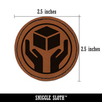 Handle with Care Box Symbol Icon Round Iron-On Engraved Faux Leather Patch Applique - 2.5"