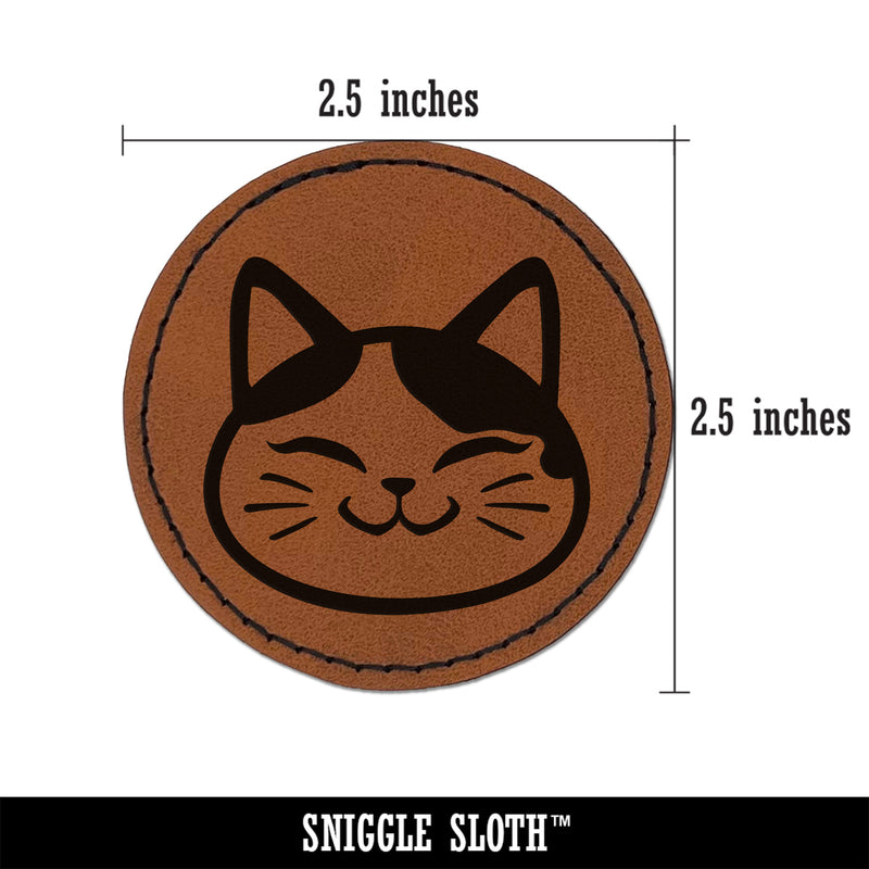 Happy Spotted Cat Face Round Iron-On Engraved Faux Leather Patch Applique - 2.5"