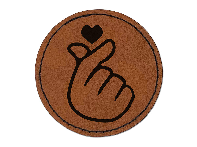 Heart Fingers Gesture of Love Round Iron-On Engraved Faux Leather Patch Applique - 2.5"