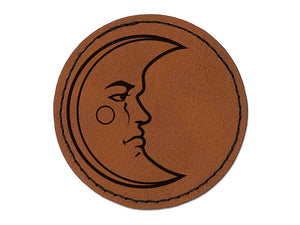 Heraldic Moon Face Round Iron-On Engraved Faux Leather Patch Applique - 2.5"