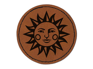 Heraldic Sun Face Round Iron-On Engraved Faux Leather Patch Applique - 2.5"