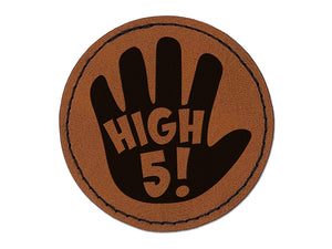 High 5 Hand Gesture Congrats Round Iron-On Engraved Faux Leather Patch Applique - 2.5"