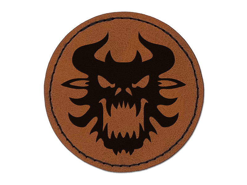Horned Monster Demon Head Round Iron-On Engraved Faux Leather Patch Applique - 2.5"