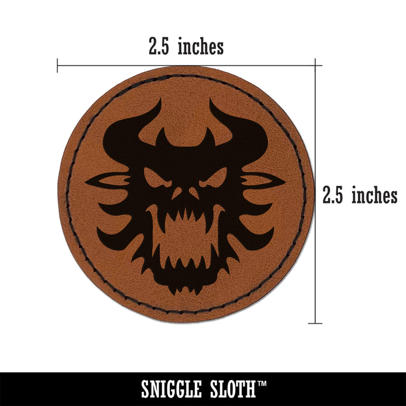 Horned Monster Demon Head Round Iron-On Engraved Faux Leather Patch Applique - 2.5"