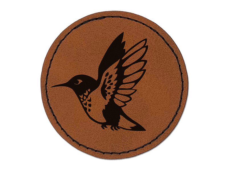 Hummingbird in Flight Round Iron-On Engraved Faux Leather Patch Applique - 2.5"