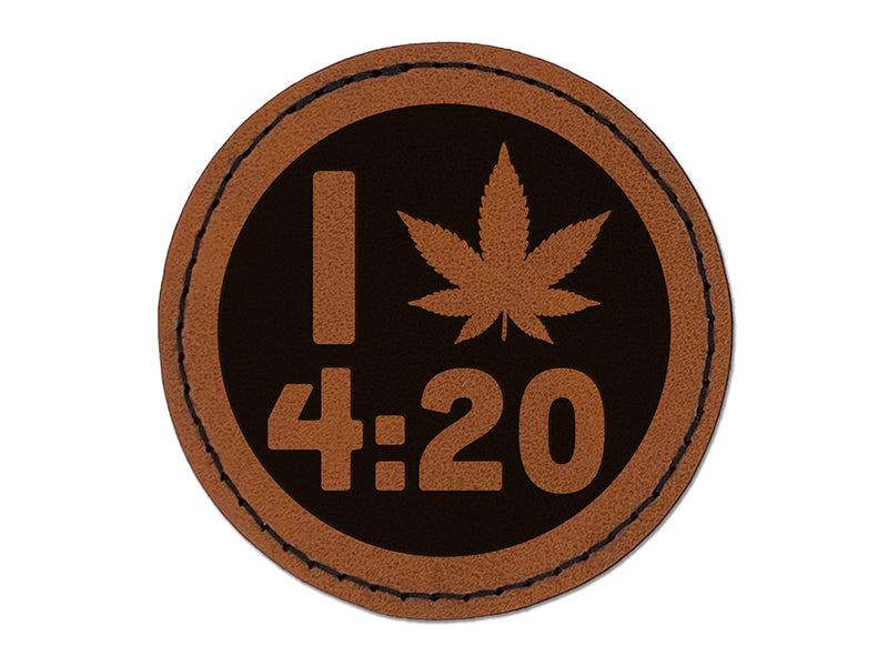 I Love 420 Marijuana Circle Round Iron-On Engraved Faux Leather Patch Applique - 2.5"