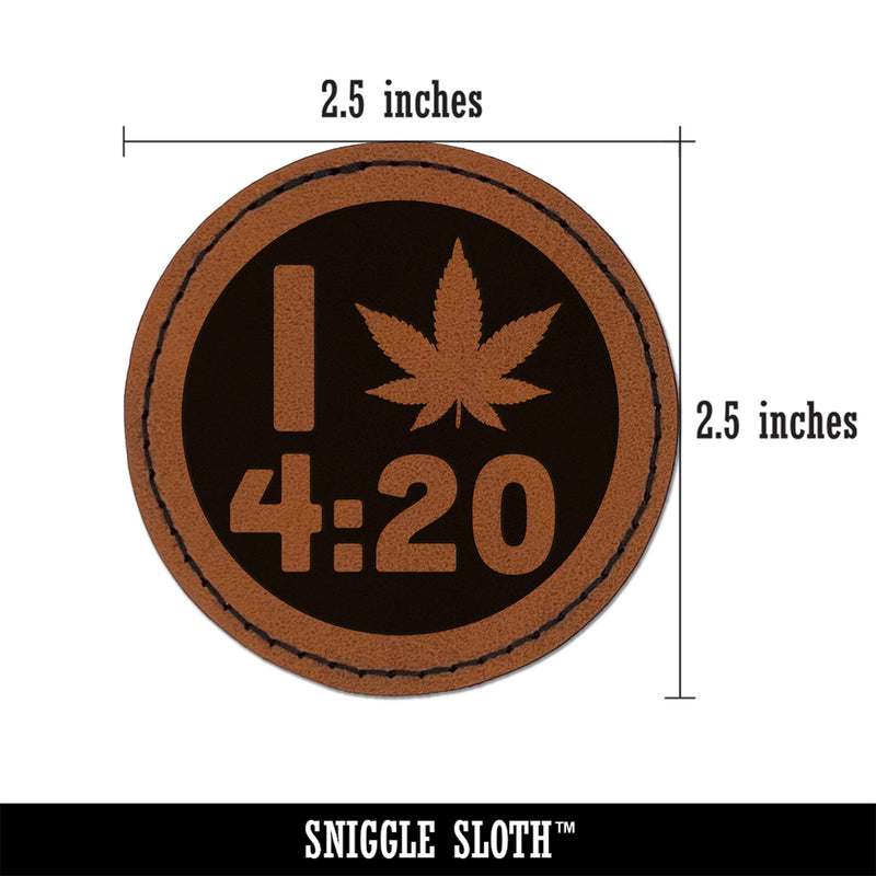 I Love 420 Marijuana Circle Round Iron-On Engraved Faux Leather Patch Applique - 2.5"