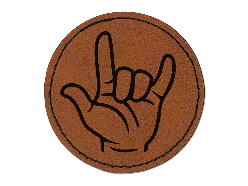 I Love You Hand Sign Language Round Iron-On Engraved Faux Leather Patch Applique - 2.5"