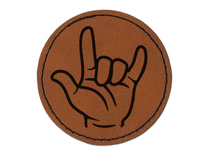 I Love You Hand Sign Language Round Iron-On Engraved Faux Leather Patch Applique - 2.5"