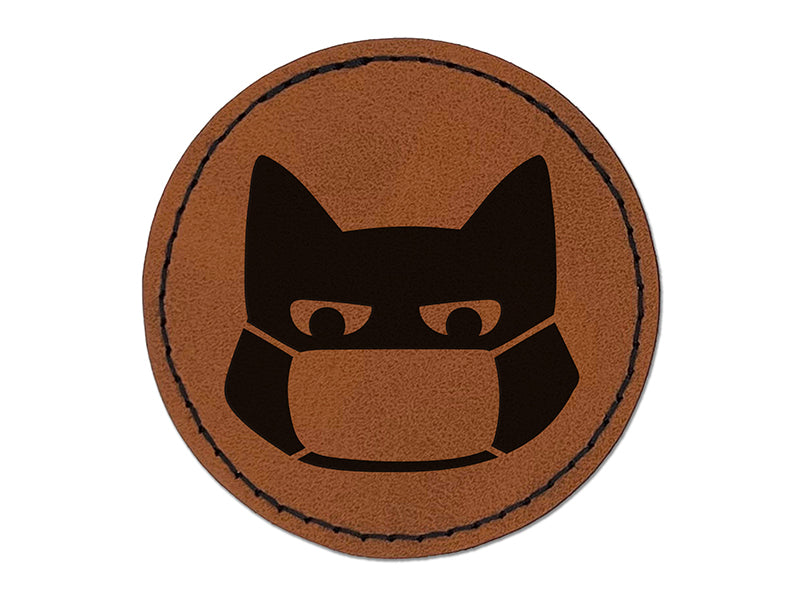 Judgmental Cat Wearing Mask Round Iron-On Engraved Faux Leather Patch Applique - 2.5"
