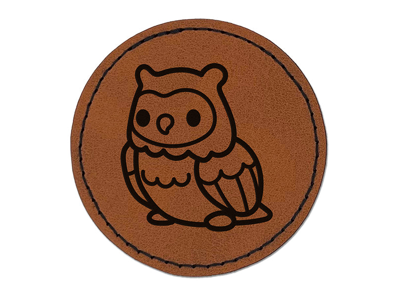 Kawaii Cute Owl Bird Round Iron-On Engraved Faux Leather Patch Applique - 2.5"