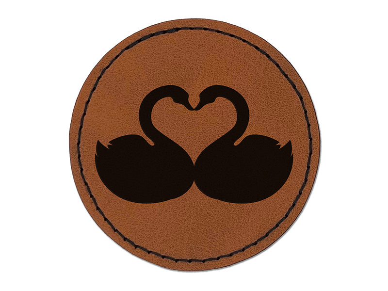 Kissing Swans Forming a Heart Round Iron-On Engraved Faux Leather Patch Applique - 2.5"