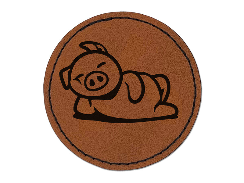 Lazy Pig Lounging Round Iron-On Engraved Faux Leather Patch Applique - 2.5"