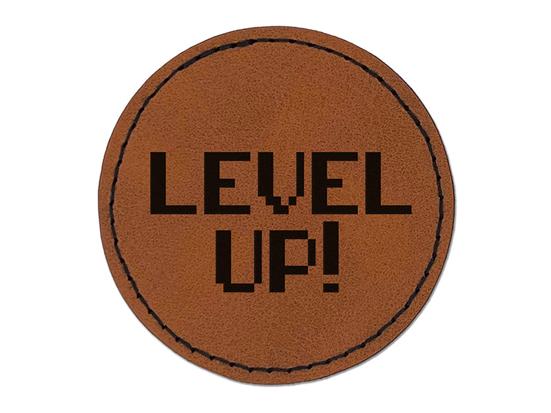 Level Up 8 Bit Digital Text Round Iron-On Engraved Faux Leather Patch Applique - 2.5"