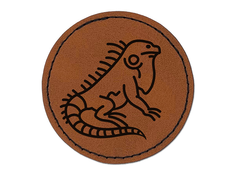 Lounging Lizard Iguana Round Iron-On Engraved Faux Leather Patch Applique - 2.5"