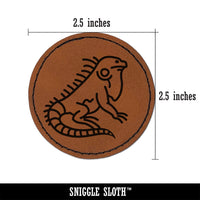 Lounging Lizard Iguana Round Iron-On Engraved Faux Leather Patch Applique - 2.5"