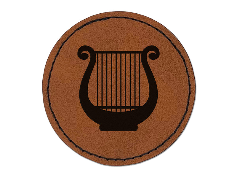 Lyre Harp Musical Instrument Round Iron-On Engraved Faux Leather Patch Applique - 2.5"