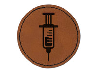 Medical Syringe Round Iron-On Engraved Faux Leather Patch Applique - 2.5"