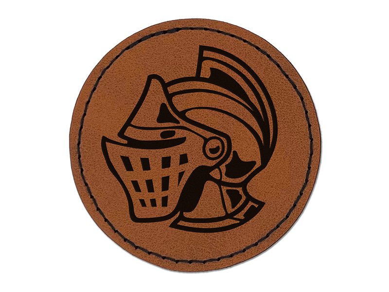 Medieval Knight Helmet Round Iron-On Engraved Faux Leather Patch Applique - 2.5"