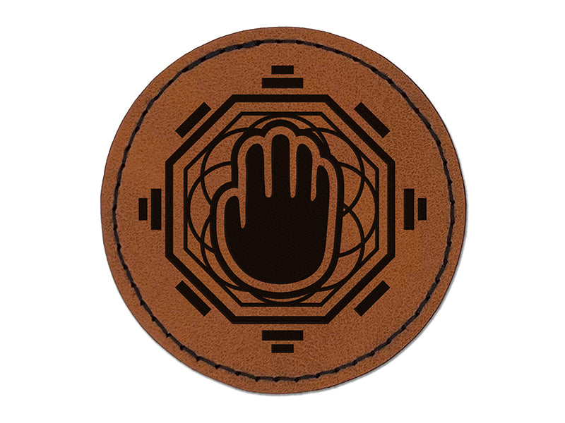 Monk Geometric Palm Round Iron-On Engraved Faux Leather Patch Applique - 2.5"