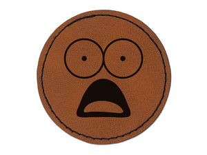 Mouth Agape Shocked Face Round Iron-On Engraved Faux Leather Patch Applique - 2.5"