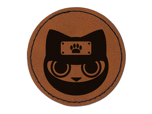 Ninja Cat Shinobi Neko Round Iron-On Engraved Faux Leather Patch Applique - 2.5"