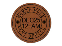 North Pole Christmas Postmark Santa Claus Mail Stamp Round Iron-On Engraved Faux Leather Patch Applique - 2.5"