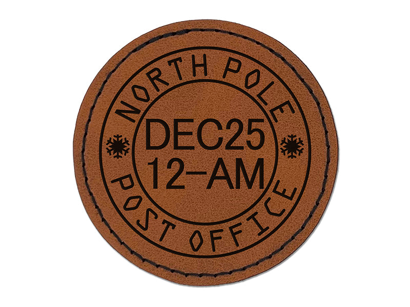 North Pole Christmas Postmark Santa Claus Mail Stamp Round Iron-On Engraved Faux Leather Patch Applique - 2.5"