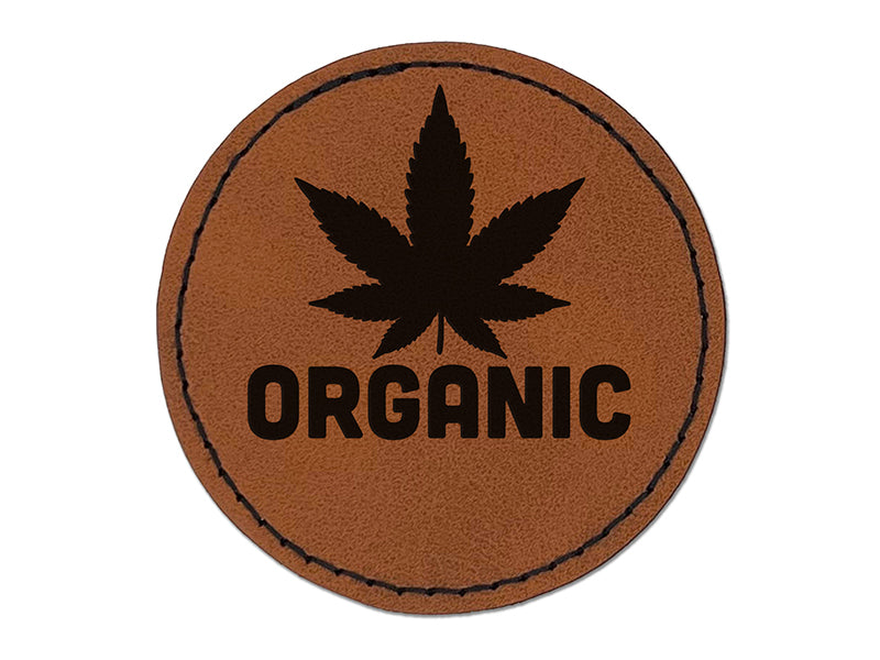 Organic Marijuana Leaf Pot Weed Hemp Round Iron-On Engraved Faux Leather Patch Applique - 2.5"