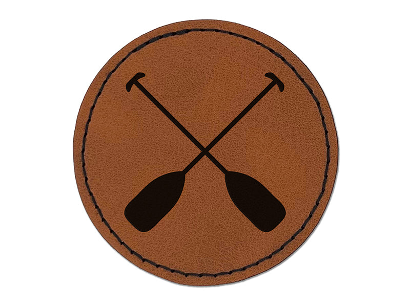 Paddles Oar Canoes Kayaks Rafting Round Iron-On Engraved Faux Leather Patch Applique - 2.5"