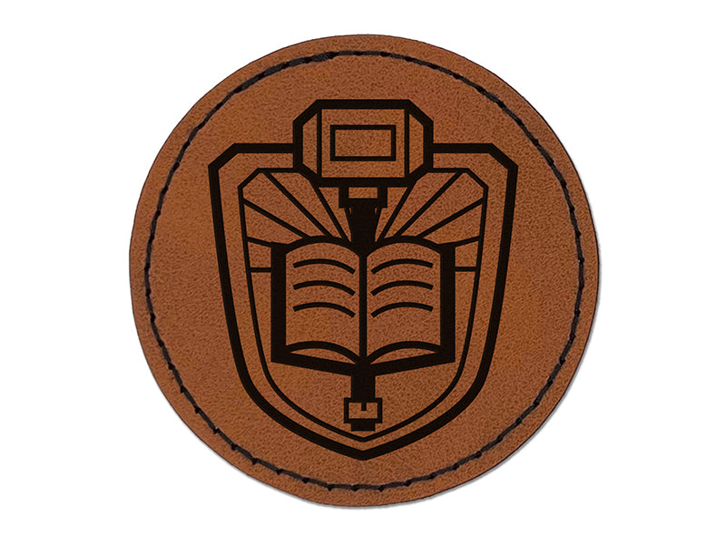 Paladin War Hammer and Libram Tome Round Iron-On Engraved Faux Leather Patch Applique - 2.5"