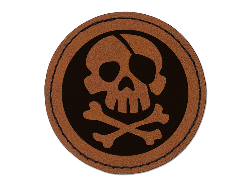 Pirate Skull and Crossbones Jolly Roger Round Iron-On Engraved Faux Leather Patch Applique - 2.5"