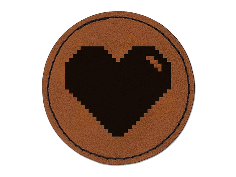 Pixel Digital Filled Heart Gaming Life Round Iron-On Engraved Faux Leather Patch Applique - 2.5"