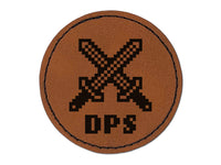 Pixel RPG DPS Swords Gaming Round Iron-On Engraved Faux Leather Patch Applique - 2.5"