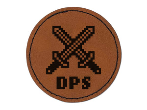 Pixel RPG DPS Swords Gaming Round Iron-On Engraved Faux Leather Patch Applique - 2.5"