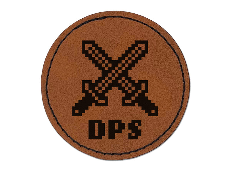 Pixel RPG DPS Swords Gaming Round Iron-On Engraved Faux Leather Patch Applique - 2.5"